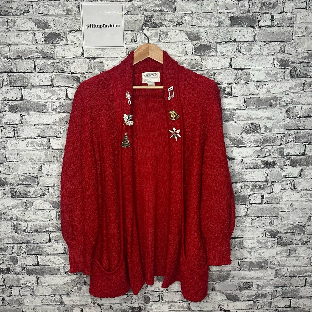 EUC Vintage Sideffects Women's Festive Red Cardigan Gold Embellishments Size XL